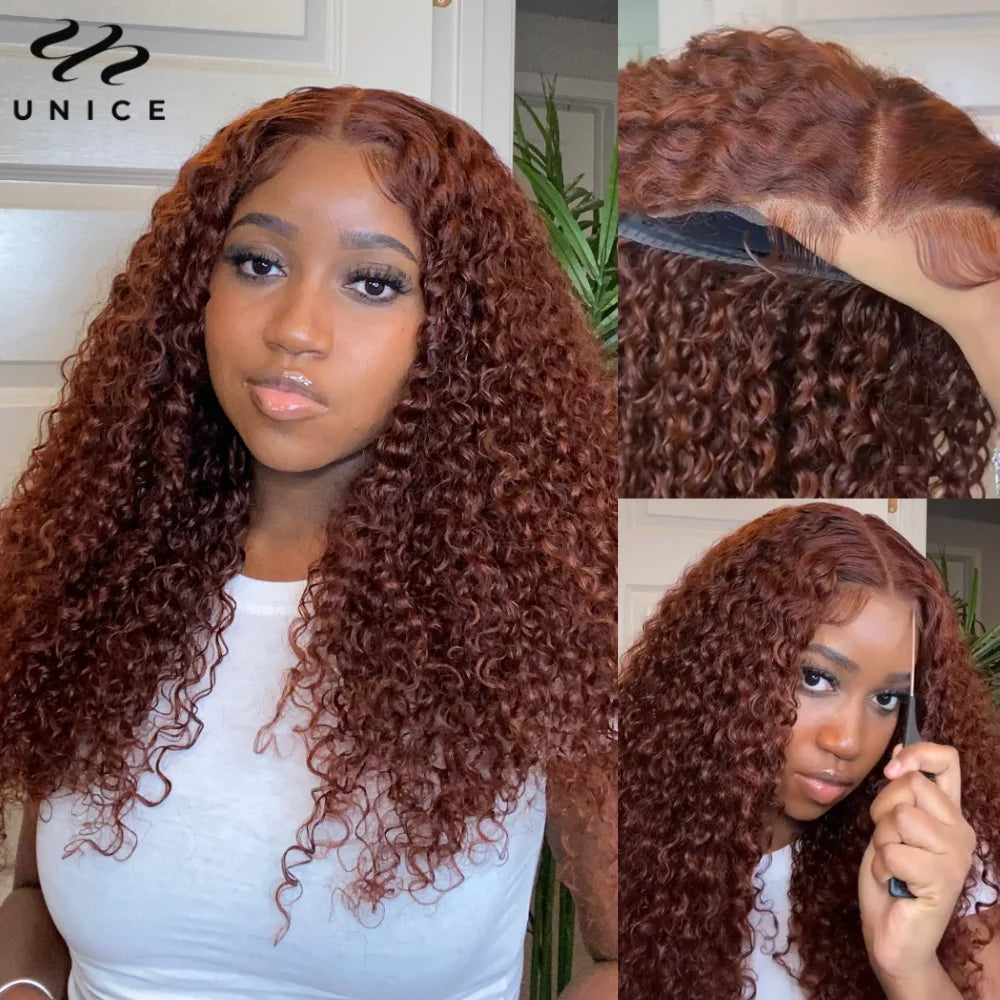 UNice Hair Bye-Bye Knots Wig Reddish Brown Curly 7x5 Glueless Wig Human Hair Pre Cut Pre Bleached Lace Front Human Hair Wigs