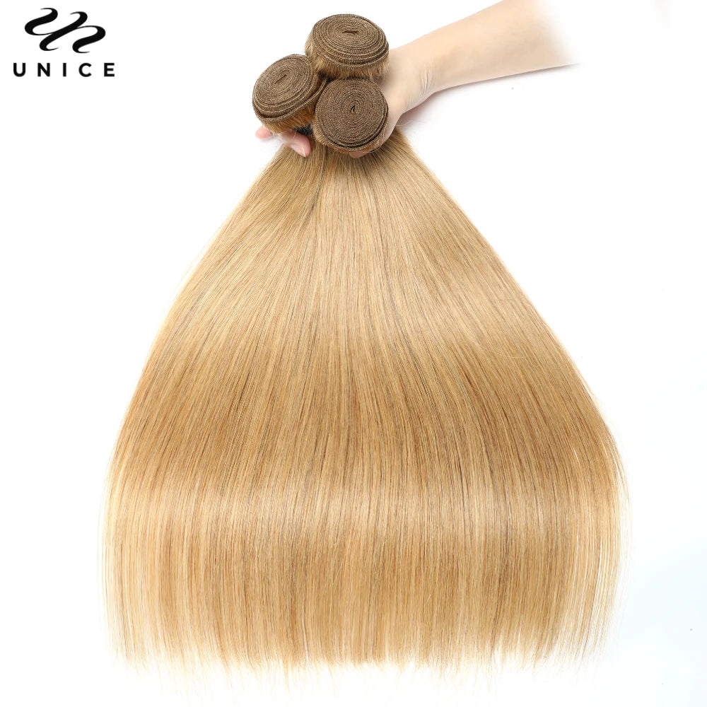 UNice #27 Honey Blonde Straight Bundles 1/3/4 PCS Deal 100% Human Hair Bundles 100Grams Per Bundle Sew In Quick Weaves