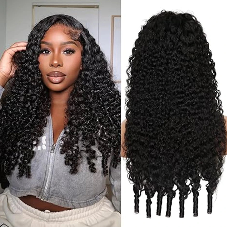 ISEE Hair 3 IN1 Half Wigs Human Hair Burmese Curly Headband Wig Upgrade Glueless Wigs With Drawstring Seamless Clip Flip Over