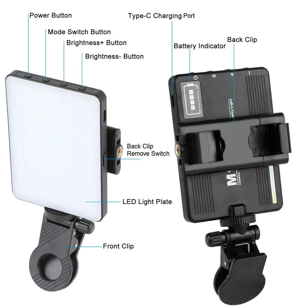 Selfie Light with Front & Back Phone Clip, 72 LED Rechargeable Video Light for Phone iPhone iPad Laptop Camera