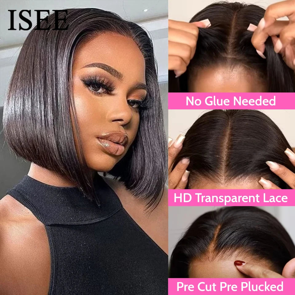 ISEE Hair Wear Go Human Hair Wigs Pre Cut PrePlucked Bone Straight Bob Wigs Transparent 7X5 Lace Front Glueless Wig Ready To Go