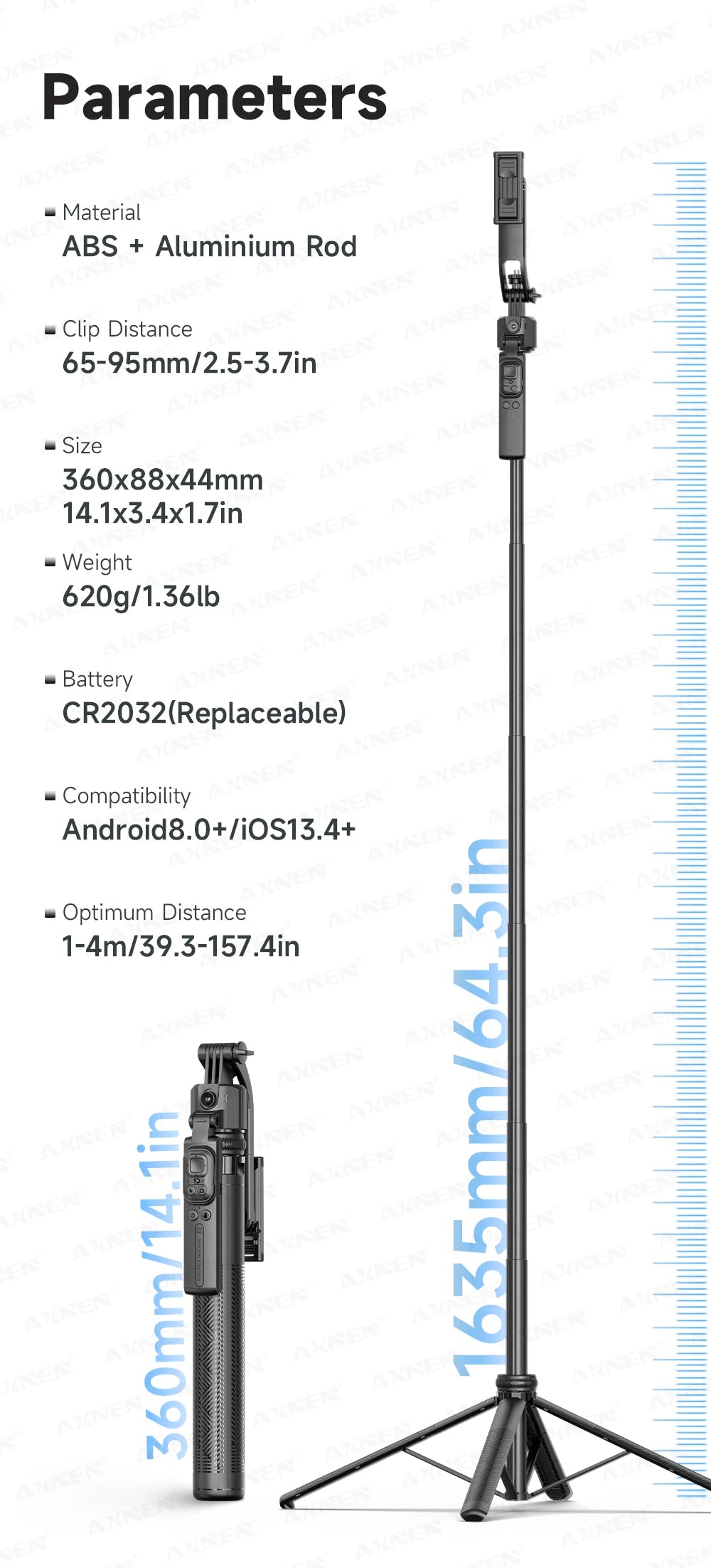 1630mm/64in C17 Tripod Selfie Stick 360° Auto Rotation Shooting Quadruped Phone Stand Face Track Bluetooth Remote Control Tripie