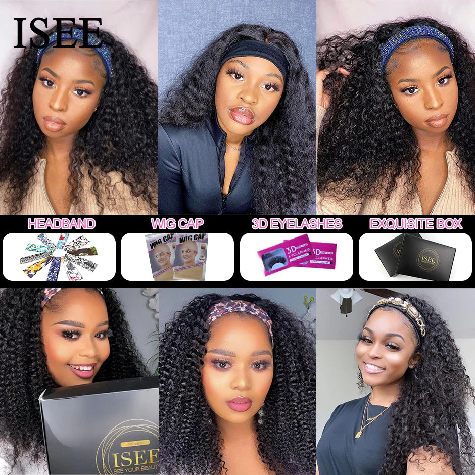 Kinky Curly Women's Headband Wig ISEE HAIR Scarf Wig Brazilian Human Hair Wig Sale Deep Curly Headband Wig Natural Hair No GLUE