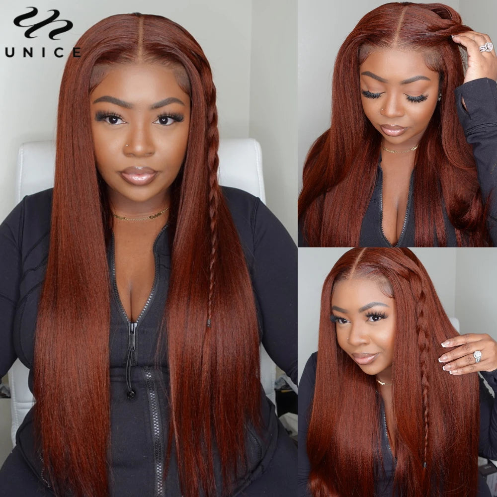 UNice Hair Reddish Brown Yaki Straight Wig 7x5 Lace Pre Cut Pre Bleached Glueless Wig Human Hair Ready To Wear 150% Density