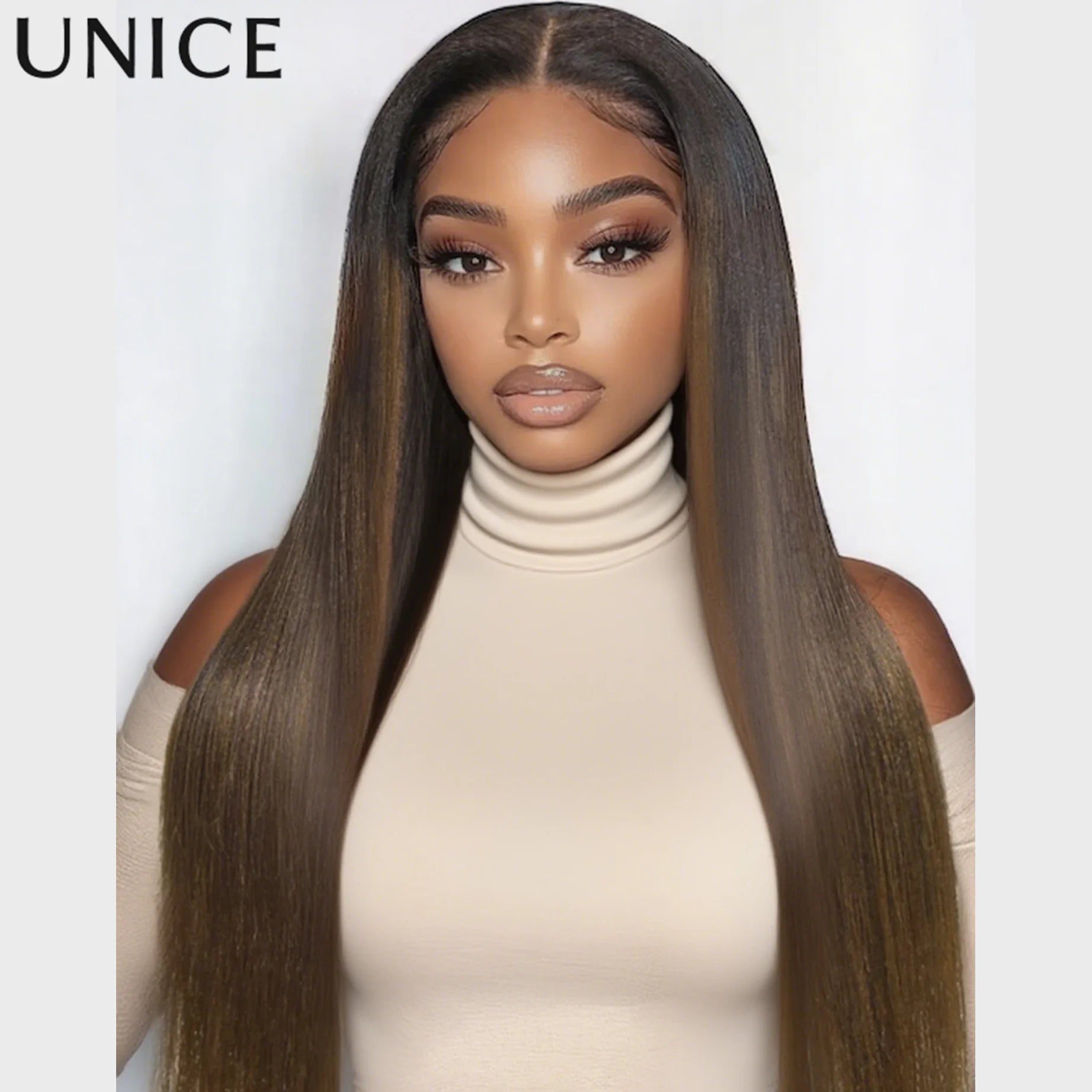UNice Bye-Bye Knots 7x5 Lace Black To Chestnut Brown Ombre Yaki Straight Human Hair Wig With Invisi Drawstring & Loose Wave Wig