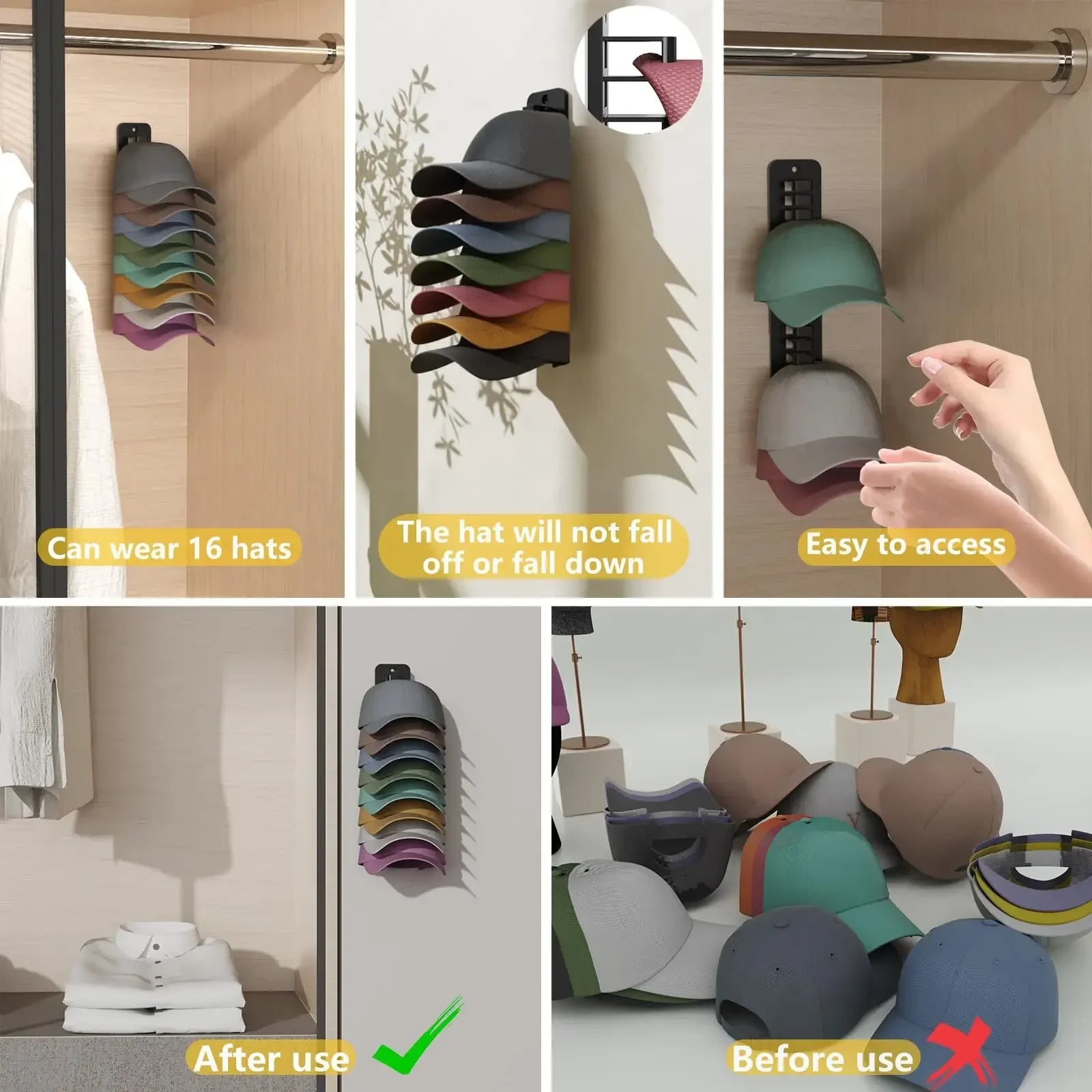 10Grids Wall Mounted Cap Rack Hat Holder Baseball Cap Towel Rack Holder Closet Hanger Storage Organizer Accessories Space Saving