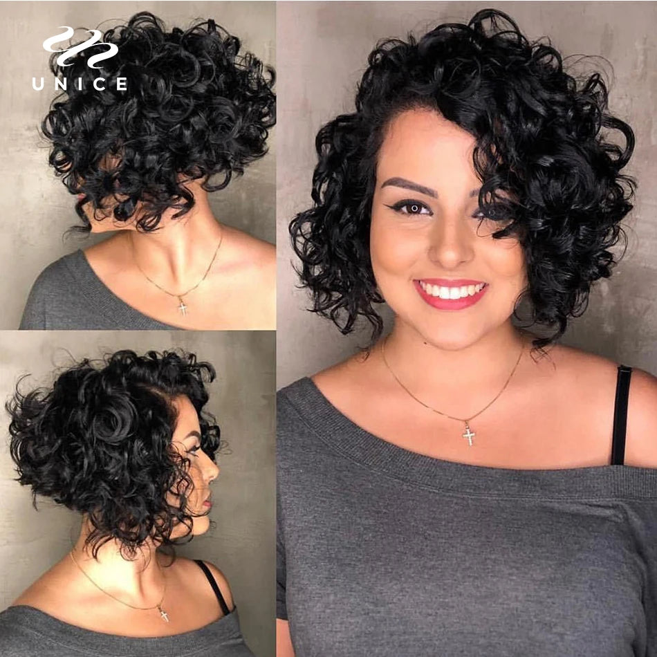 Unice Hair Curly Human Hair Wigs Pixie Cut Bob Wig 10 Inch Full Machine Made Short Human Hair Wigs