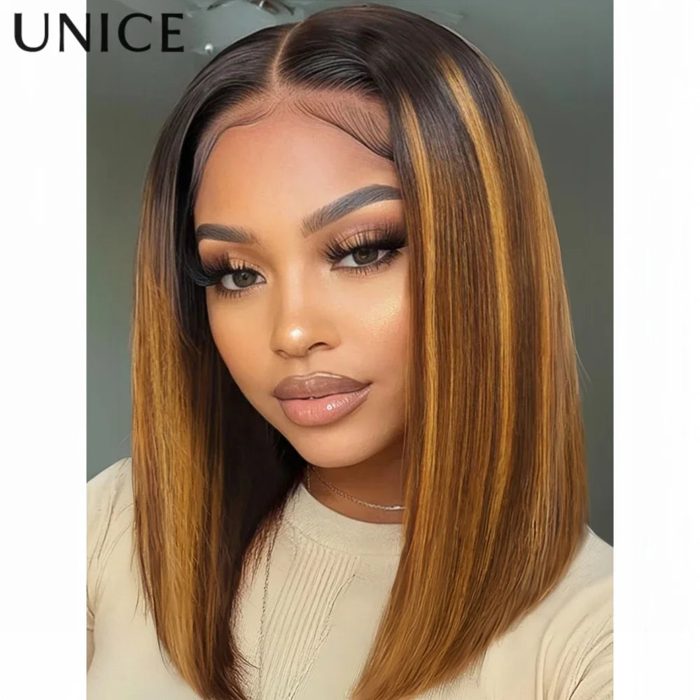 UNice Pre Everything 13x4 Lace Blonde With Brown Roots Bob Human Hair Wig With Invisi Drawstring
