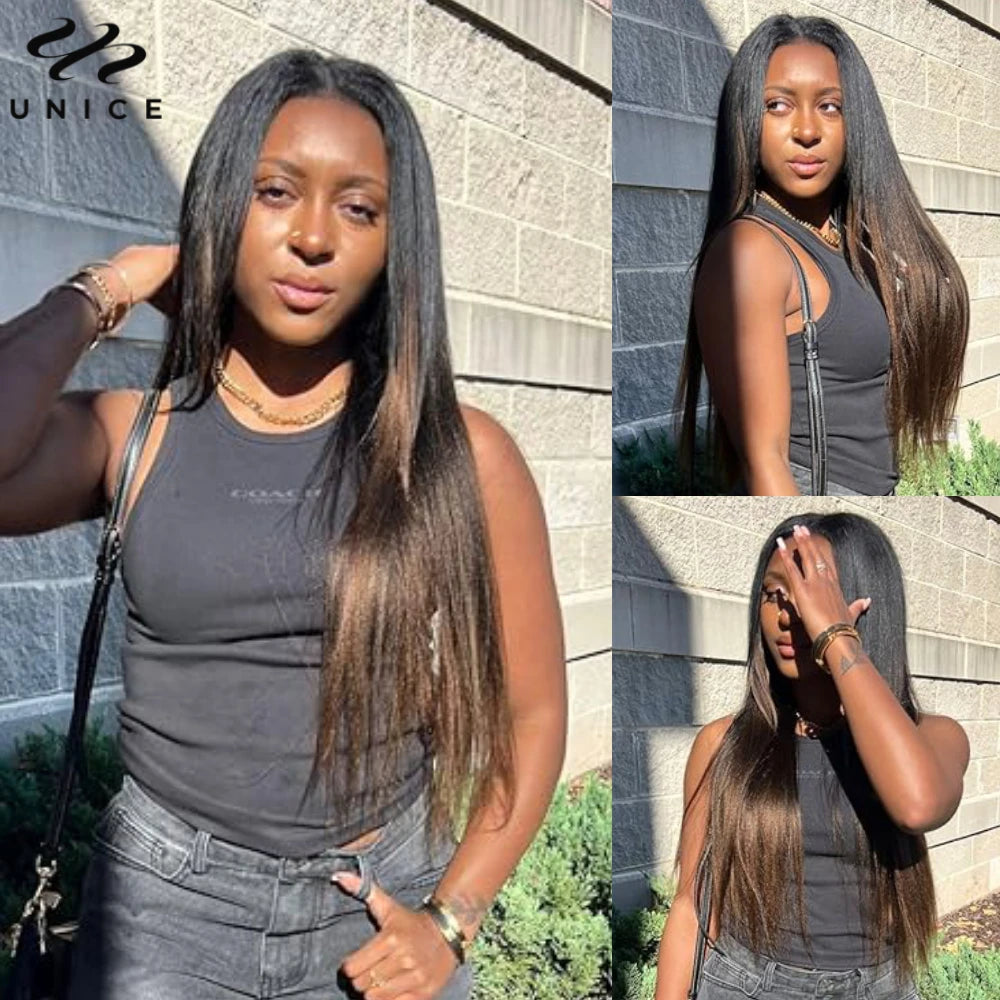 UNice Hair EasiContour V Part Wig 100% Human Hair Yaki Straight Wig With Invisible Drawstring Most Natural Upgraded V-Part Wig