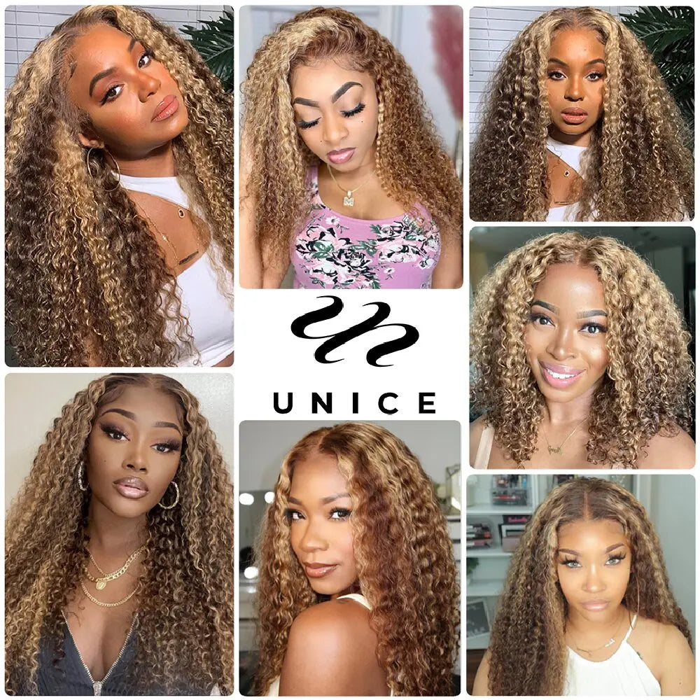 UNice Hair Pre Cut 7x5 & 13x4 Wear Go Glueless Wig Human Hair Brown Blonde Highlight Kinky Curly Lace Closure Wig 200% Density