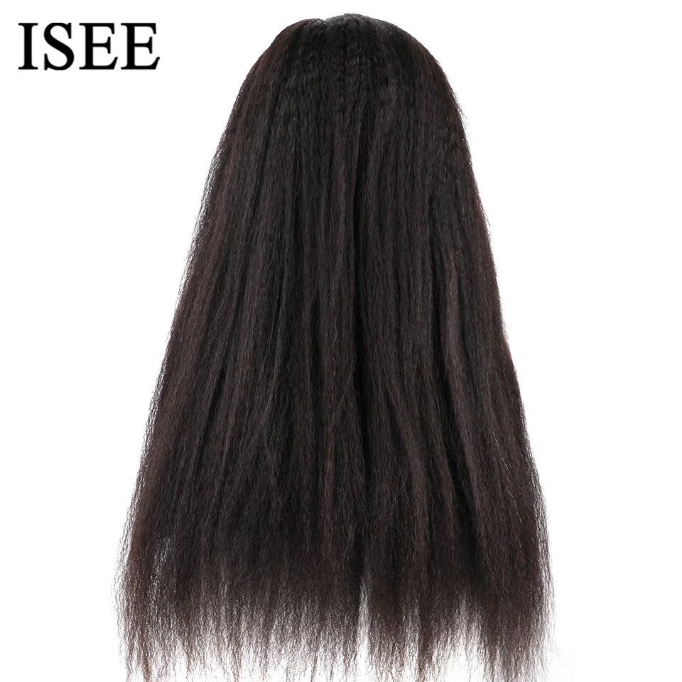 ISEE Hair Wear Go Glueless Wig Kinky Straight Human Hair Wigs 6X4 HD Lace Front Wig Pre Cut PrePlucked Closure Wigs For Women