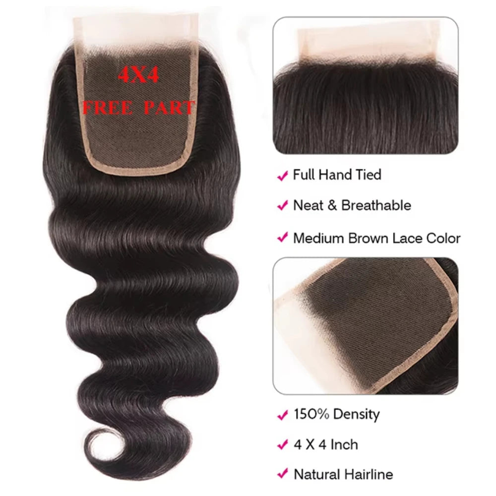 UNice Body Wave Human Hair Bundles With Closure Natural Color 100% Human Hair Bundles 3PCS With 4x1 / 4x4 / 5x5 HD Lace Closure
