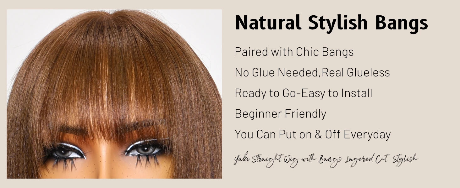 UNICE #4 Brown Color Yaki Straight Lace Wig With Bangs Layered Cut 4x2 Middel Part Lace Front Human Hair Wig 150% Density