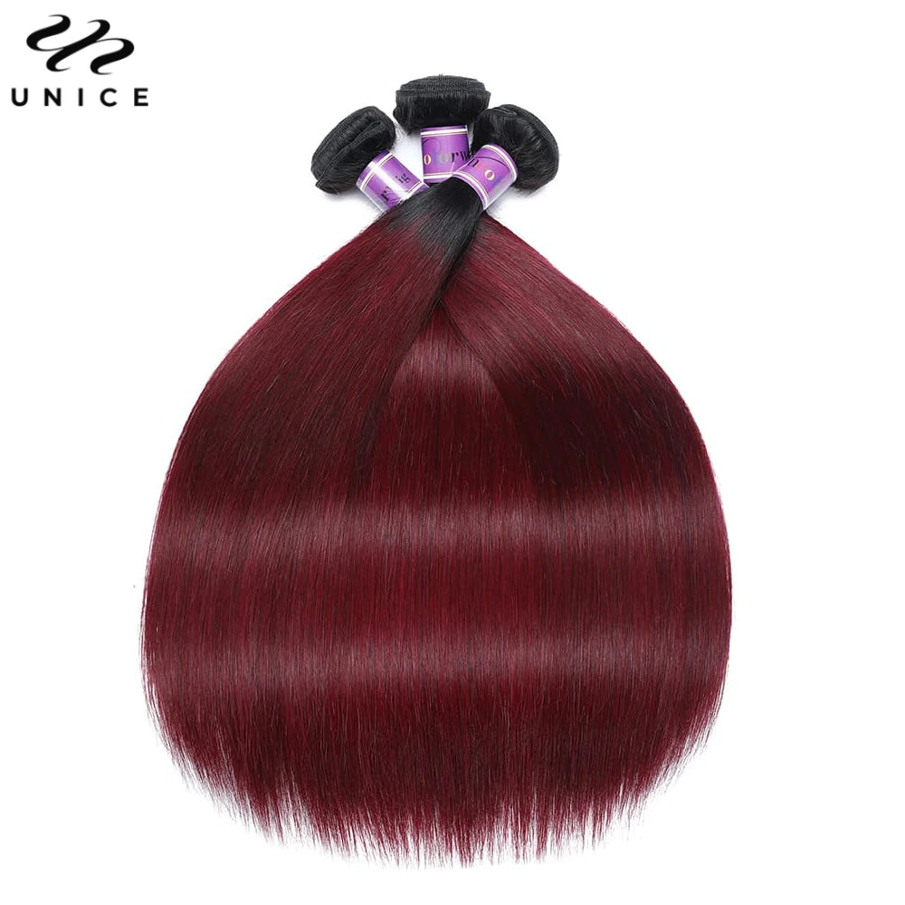 UNICE Hair 1B99J Straight Human Hair Bundles 1/3/4 PCS Deal Ombre Burgundy Pre Colored Burgundy 100% Human Hair Bundles