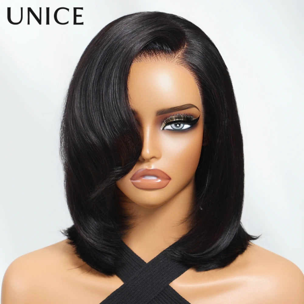 UNice Bye-Bye Knots™ 7x5 Lace Glueless Human Hair Wigs Side Part Layered Bob Wig With Side-Swept Bangs 150% Density