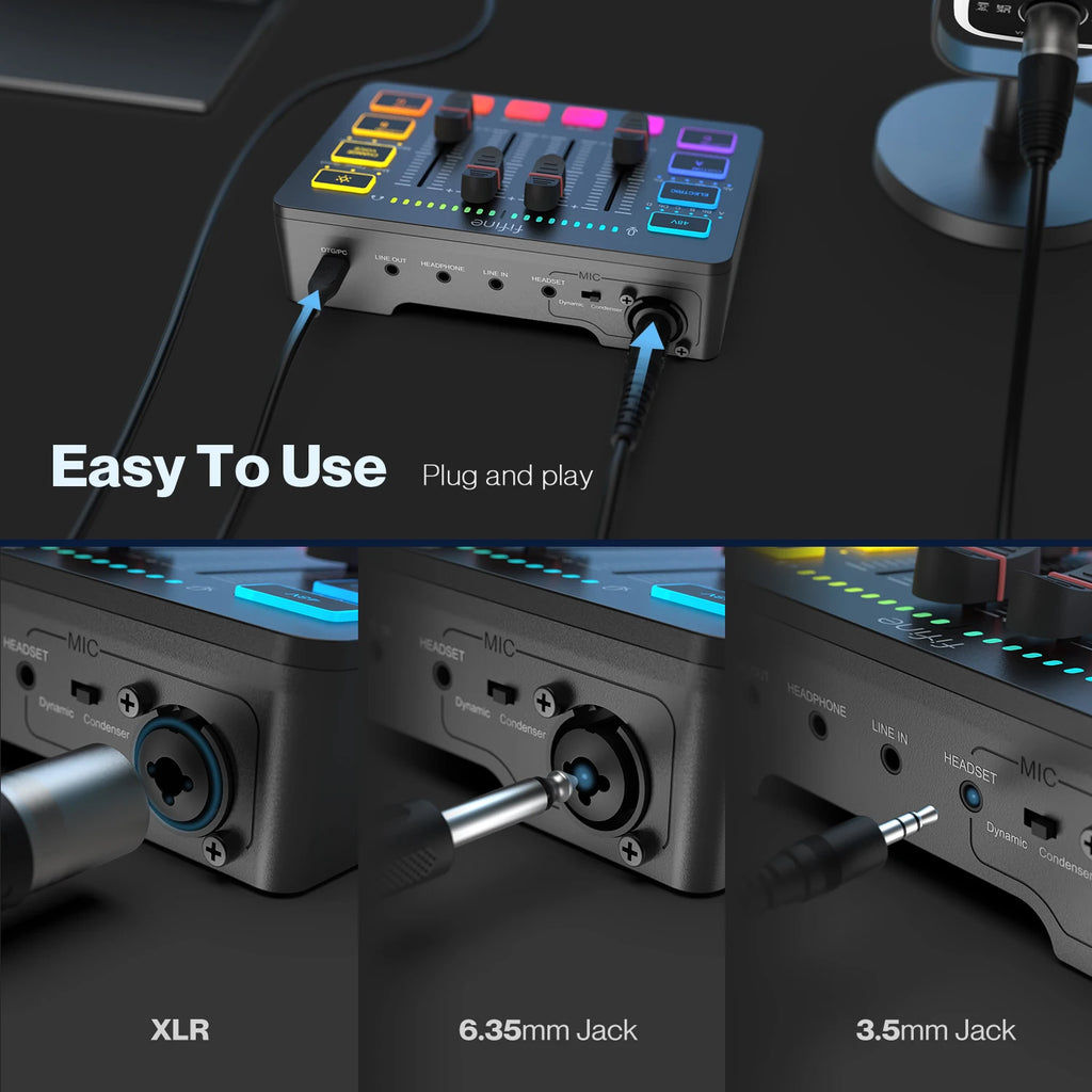 FIFINE USB Gaming Mixer With XLR Microphone Interface,48V Phantom Power,RGB, Sound Card for Podcasting Streaming AmpliGame SC3
