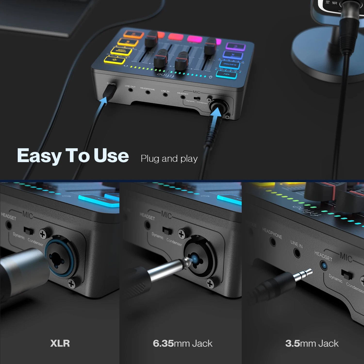 FIFINE USB Gaming Mixer With XLR Microphone Interface,48V Phantom Power,RGB, Sound Card for Podcasting Streaming AmpliGame SC3