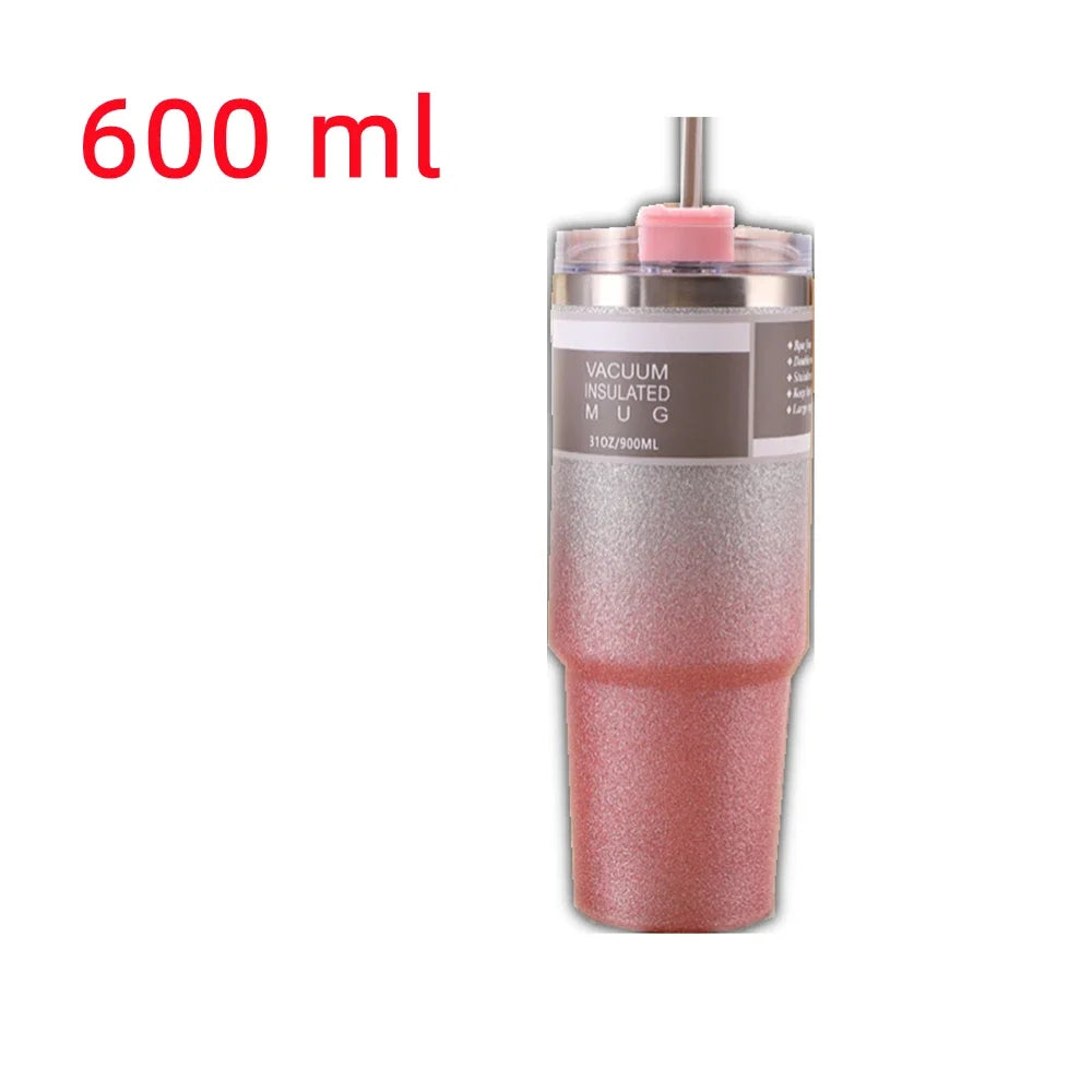600/900ml Stainless Steel Coffee Mug Diamond Paint Thermos Cup with Lid and Straw With Handle Insulated Tumblers Vacuum Beer Cup