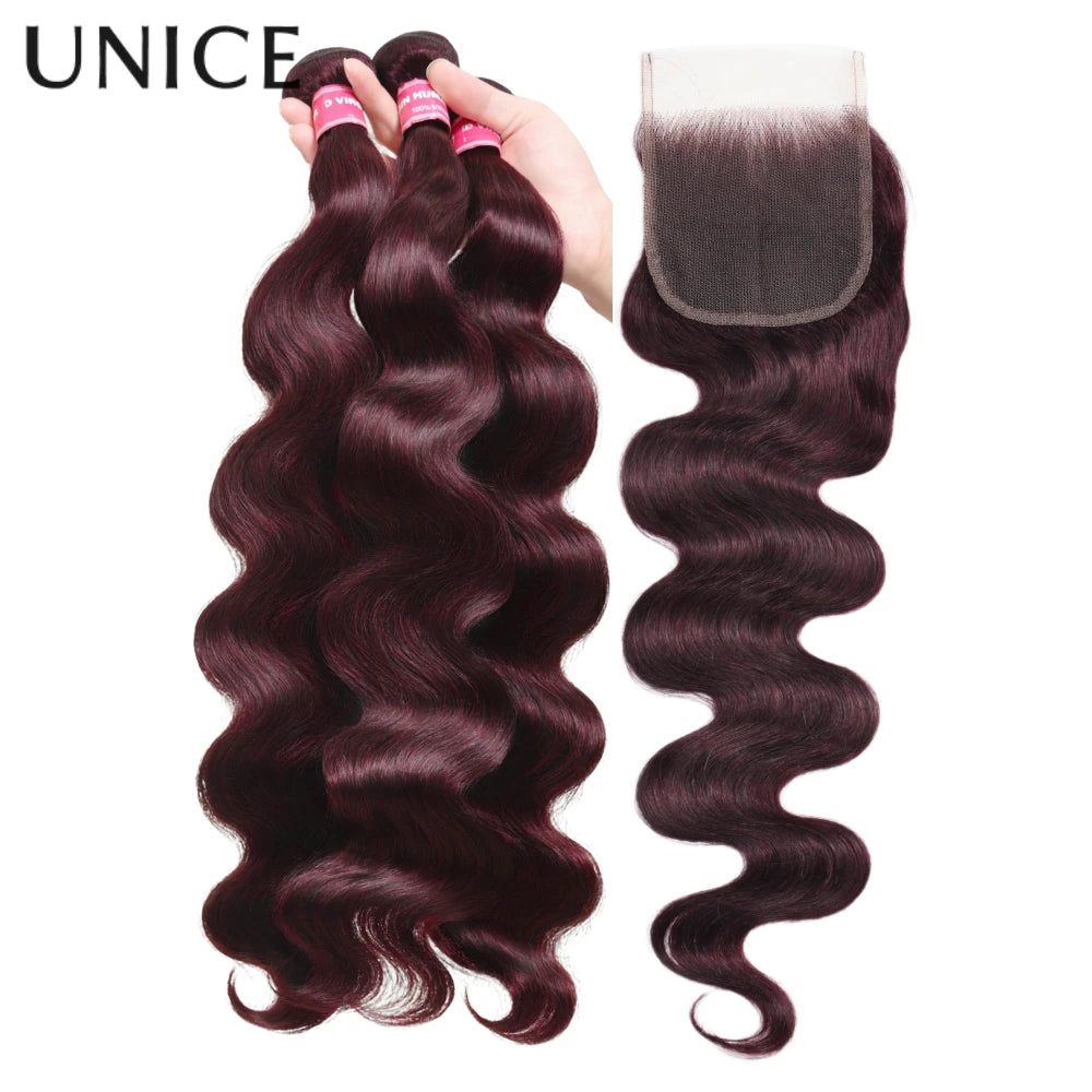 UNICE Hair Black Cherry Body Wave Human Hair 2/3/4 Bundles With 4x4 Lace Closure