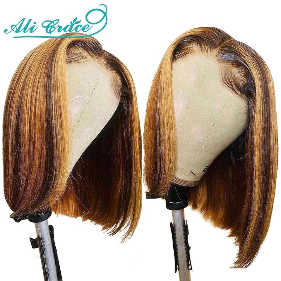 Ali Grace Highlight Brown Wig Straight Short Bob Wigs Ombre Color Human Hair Wigs 4X4 Lace Closure Wig Blunt Bob Wig Pre-Plucked