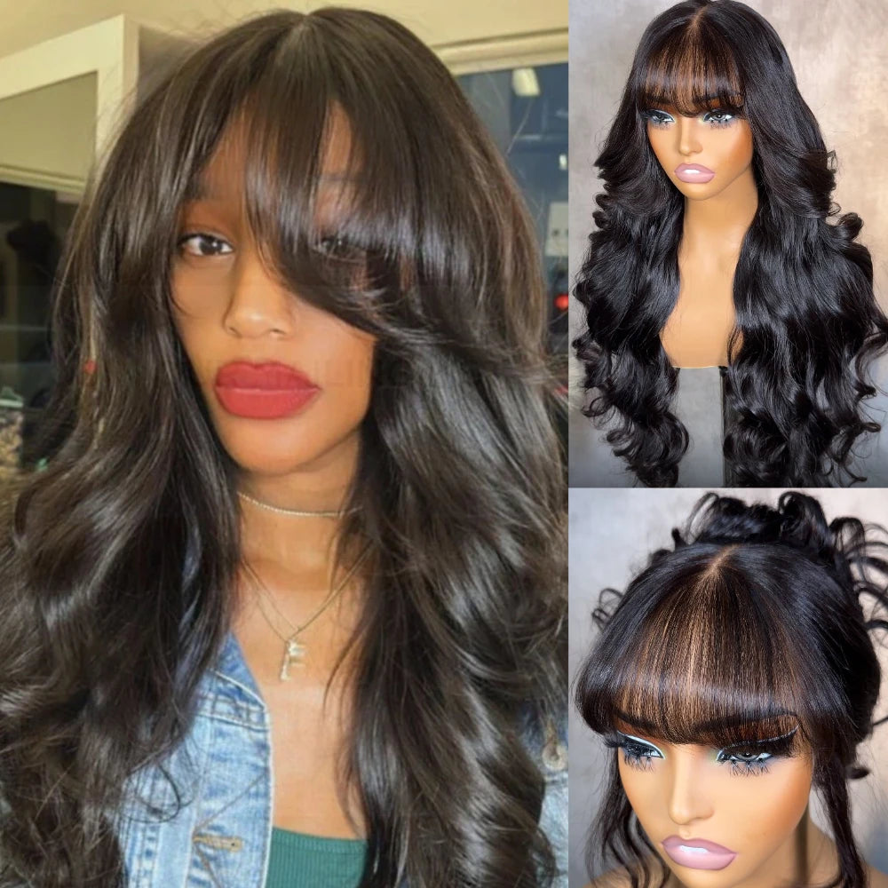 UNice 13x4 Pre-Everything™ Lace Frontal Pull And Go Black Fluffy Natural Loose Wave Curtain Bangs Wig With Free Ear Tape