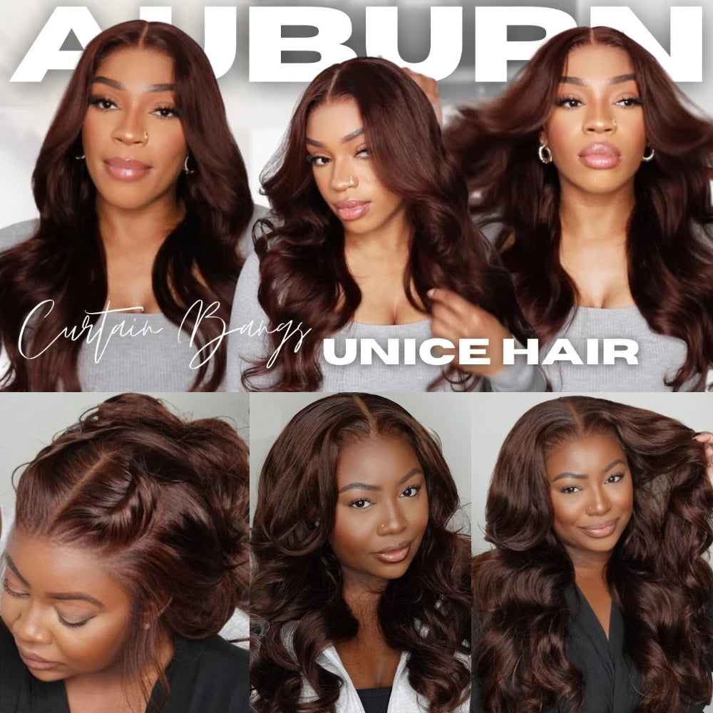UNICE Hair Auburn Brown Loose Wave Wig With Face Framing Layer & Drawstring Pre Everything 13x4 Human Hair Lace Frontal Wig