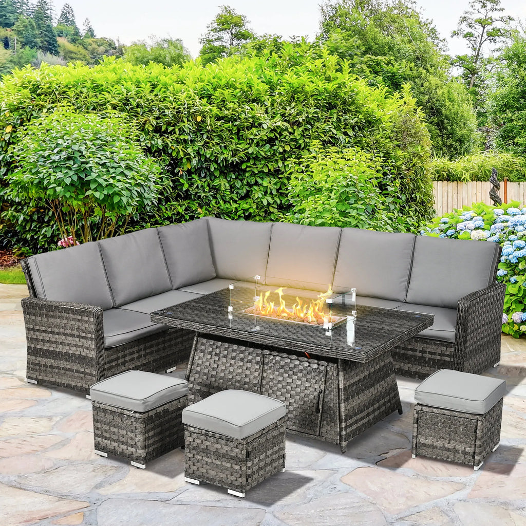 Outsunny 7 Pieces PE Rattan Garden Furniture Set, 50,000 BTU Gas Fire Pit Table, Double Corner Sofa and 3 Footstools