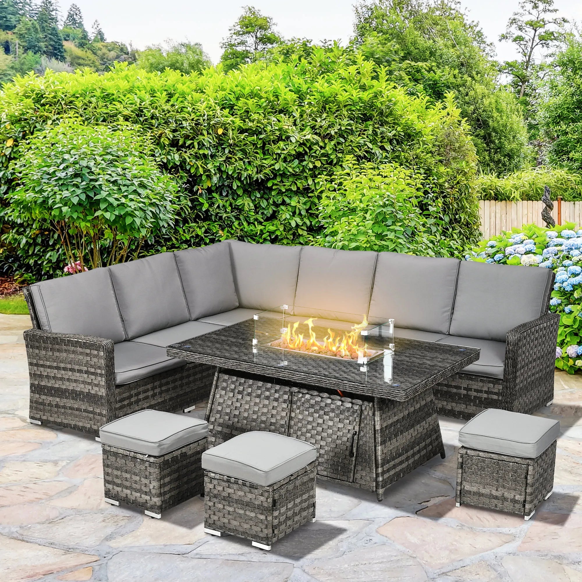 Outsunny 7 Pieces PE Rattan Garden Furniture Set, 50,000 BTU Gas Fire Pit Table, Double Corner Sofa and 3 Footstools