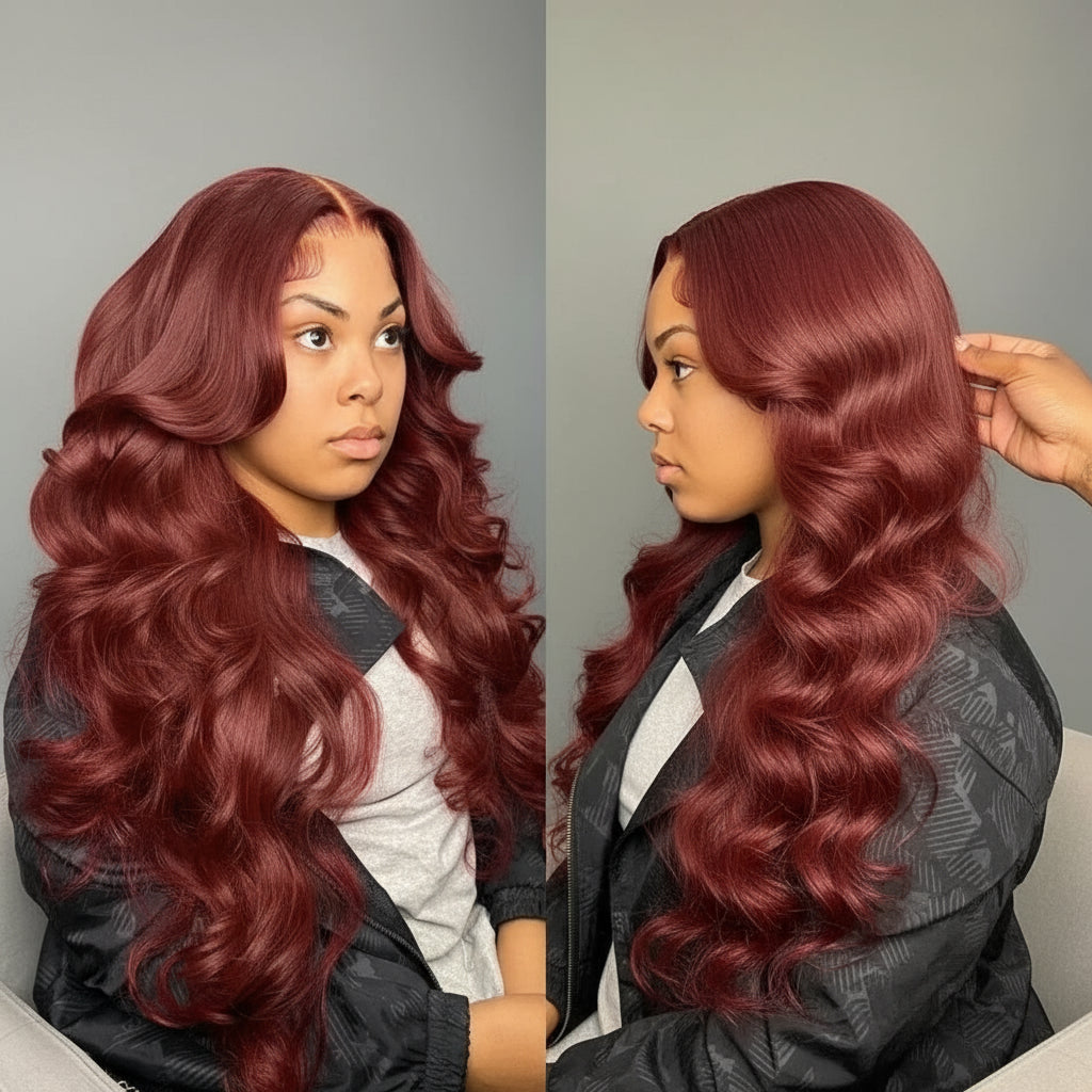 Premium 250% Density Auburn Reddish Brown Body Wave Lace Front Wig - 30-32 Inch Brazilian Human Hair HD Lace Wig