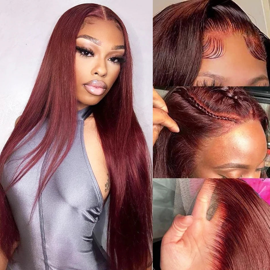 ISEE HAIR Reddish Brown #33 Color Glueless13x6 Straight Lace Frontal Wigs Pre Plucked Wigs Invisi Draw Strings Human Hair Wigs