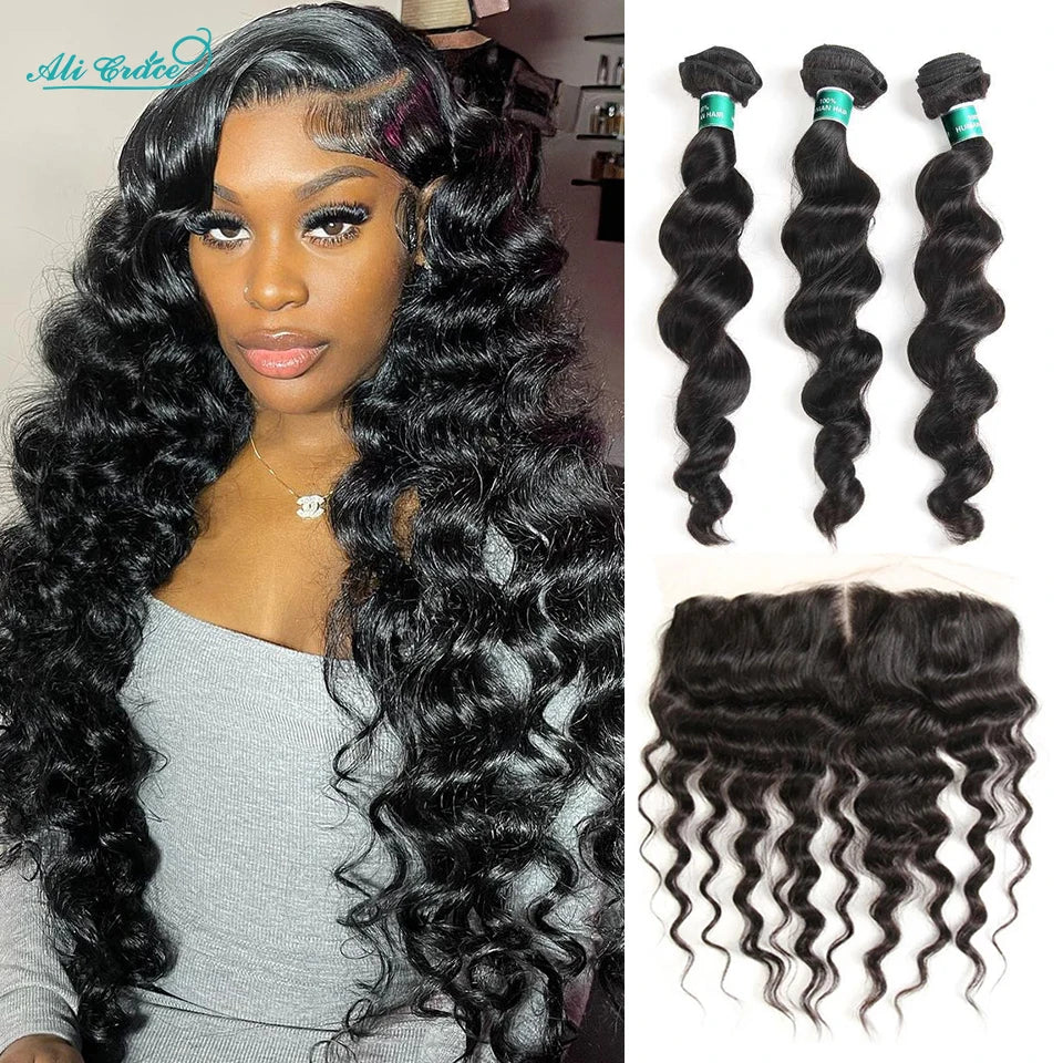 Ali Grace Hair Loose Wave Bundles with Frontal 13x4 Brazilian Hair Loose Wave 3 Bundles with Closure Ear to Ear Lace Frontal