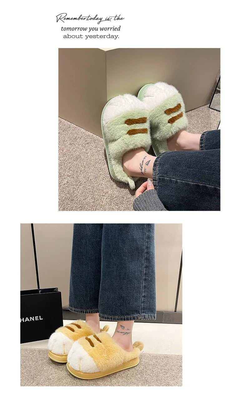 New Adorable Kitty Claw Slippers Women's Home Shoes Non Slip Furry Mules Female Fashion Warm Fluffy Slides Outdoor Cat Slippers