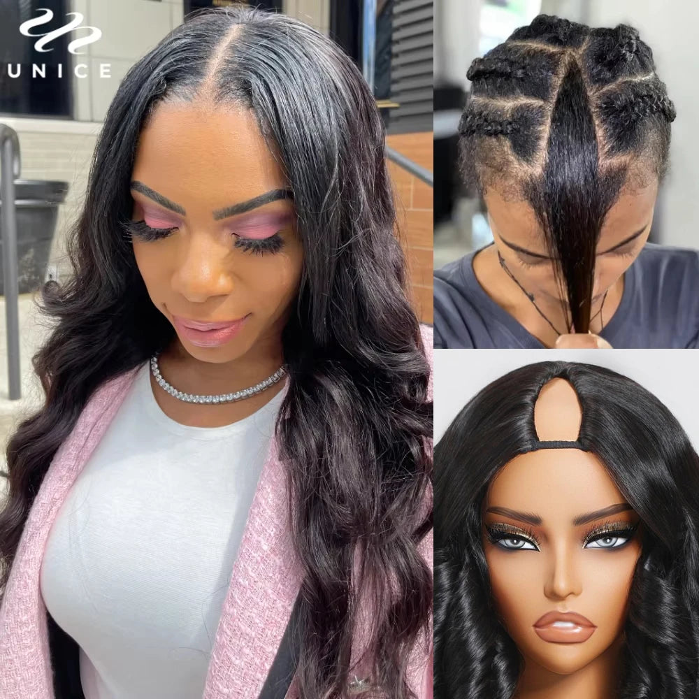 UNice Hair Upgraded Body Wave V Part Wig With Elastic Drawstring 100% Human Hair Upart Wig Minimal Leave Out