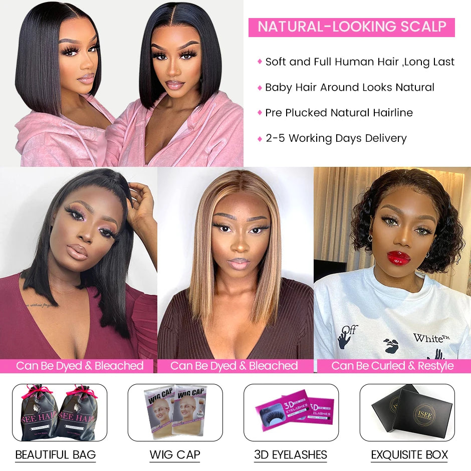 ISEE Hair 7x5 Glueless Bob Wig Lace Front Human Hair Wigs For Women Highlight Straight Wear And Go Glueless Human Hair Wig