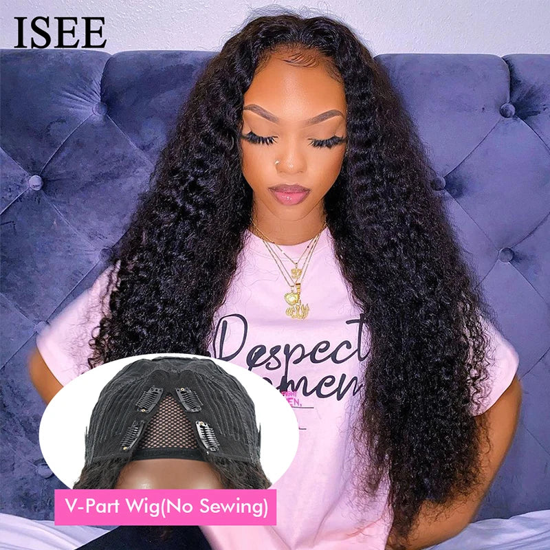 ISEE HAIR V Part Wig Human Hair Wigs For Women Curly Hair No Leave Out Side Part Wig Human Hair Mongolian Kinky Curly Wig