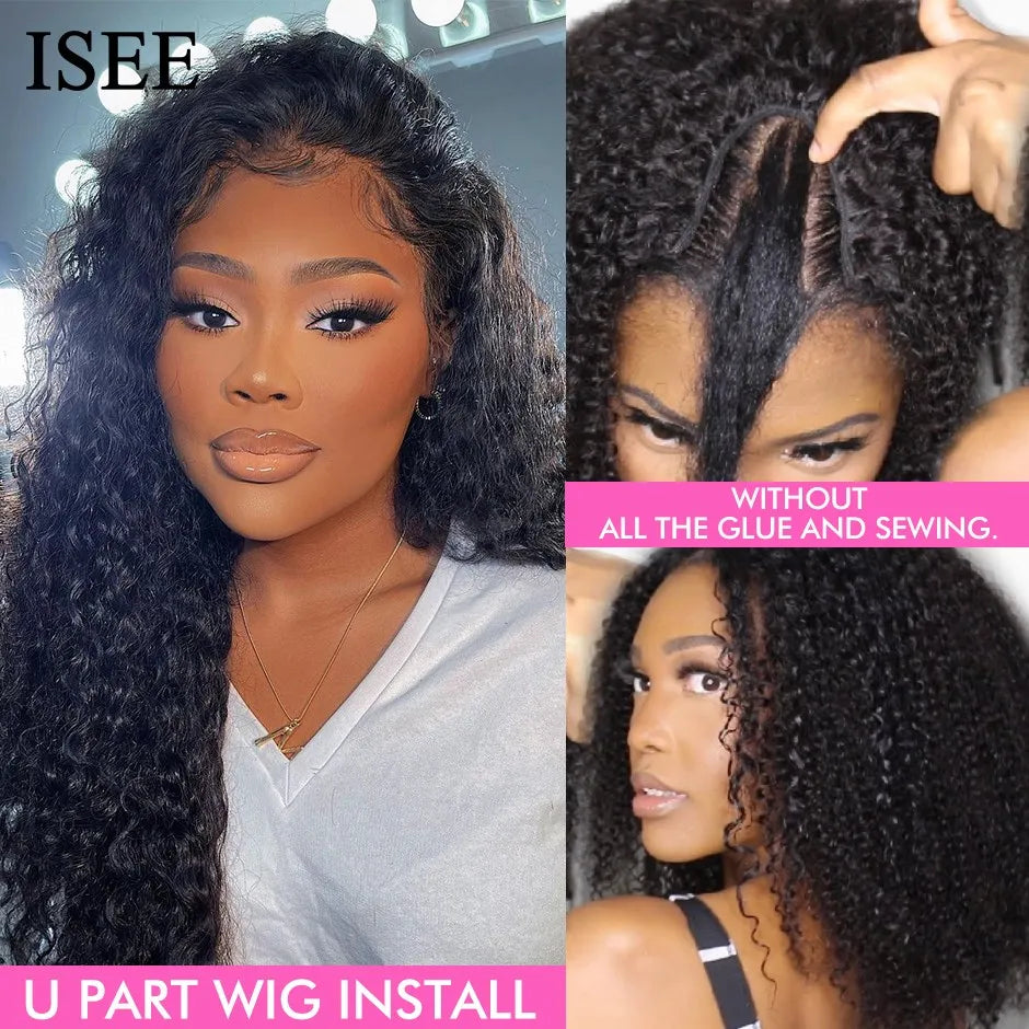 Mongolian Kinky Curly U Part Wigs Human Hair For Women 180% Density Curly 100% Human Hair Wigs ISEE HAIR U Shape Wigs No Glue