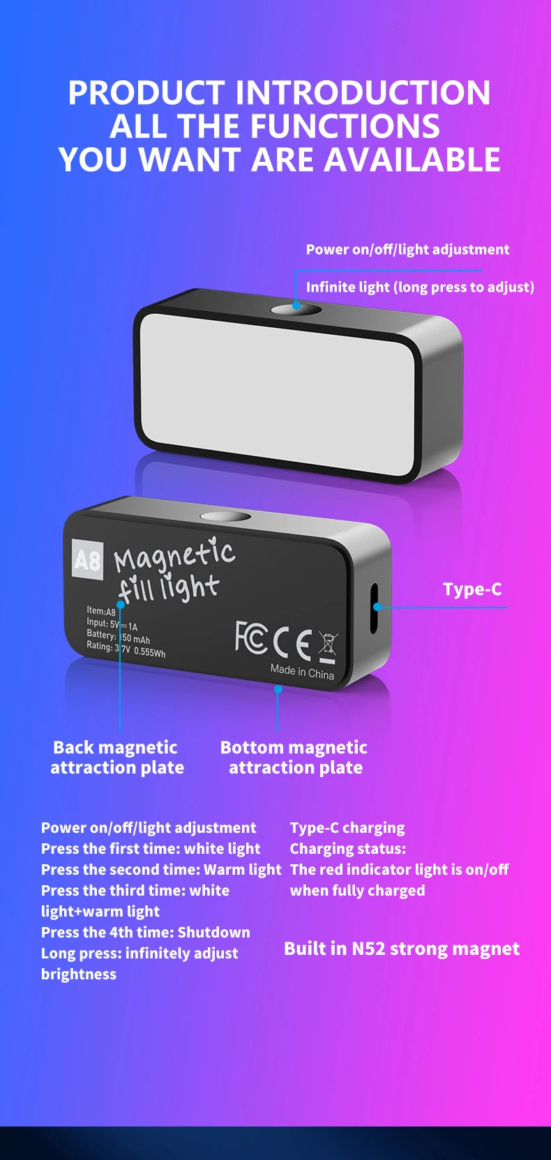 Magnetic Portable Mini Selfie Fill Light Adjustable Lighting Rechargeable Portable Led Video Light For Tiktok Camera Mobile IPad