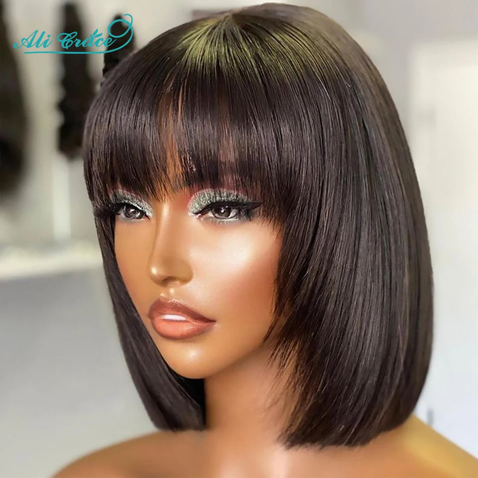Ali Grace Brazilian Straight Bob Wig With Bangs Machine Made Wig Natural Color Human Hair Wigs Short Bob Fringe Wigs For Women