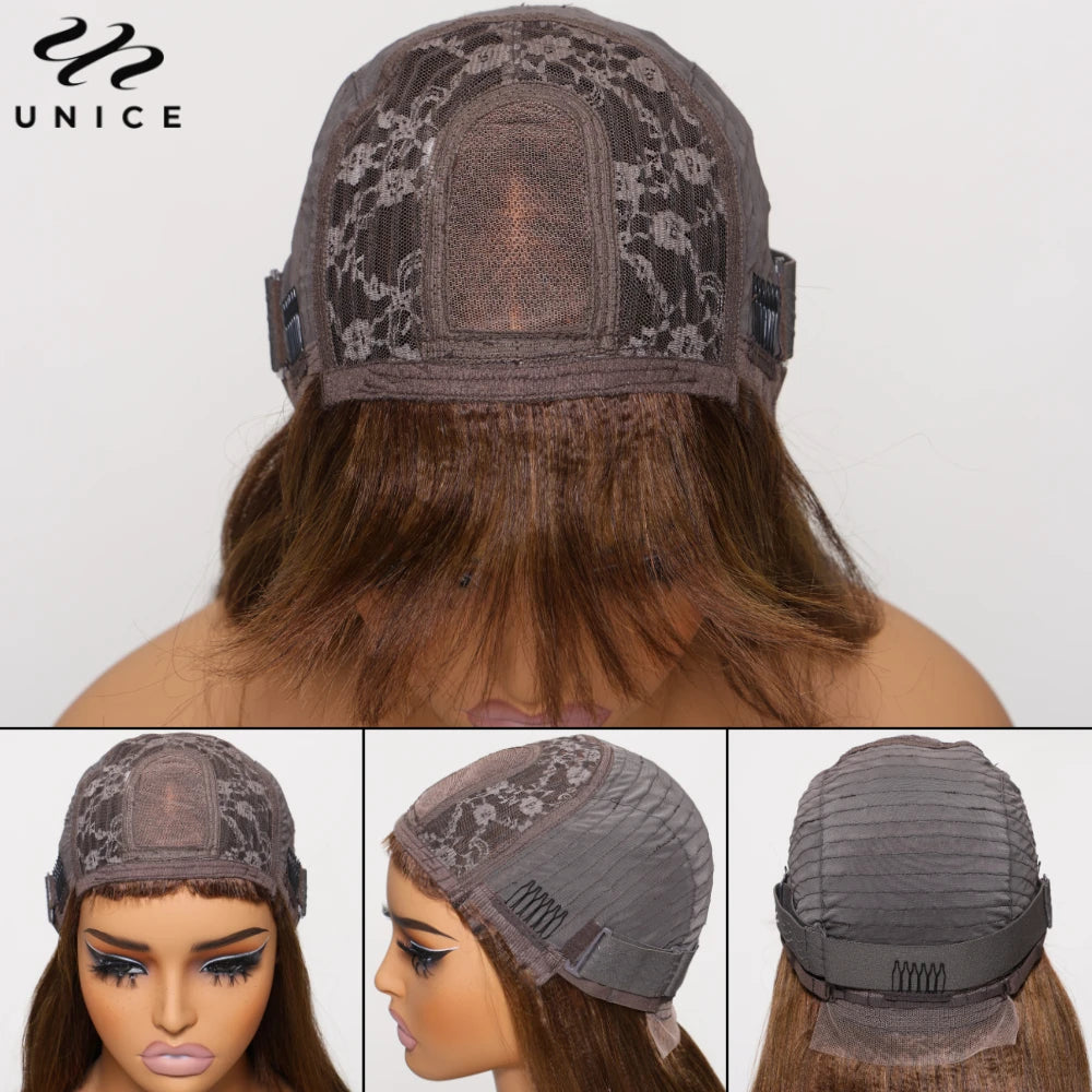 Unice Hair Yaki Straight #4 Brown Human Hair Wig With Bangs Layered Cut Middle Part 4x2 Lace Front Human Hair Wig 150% Density