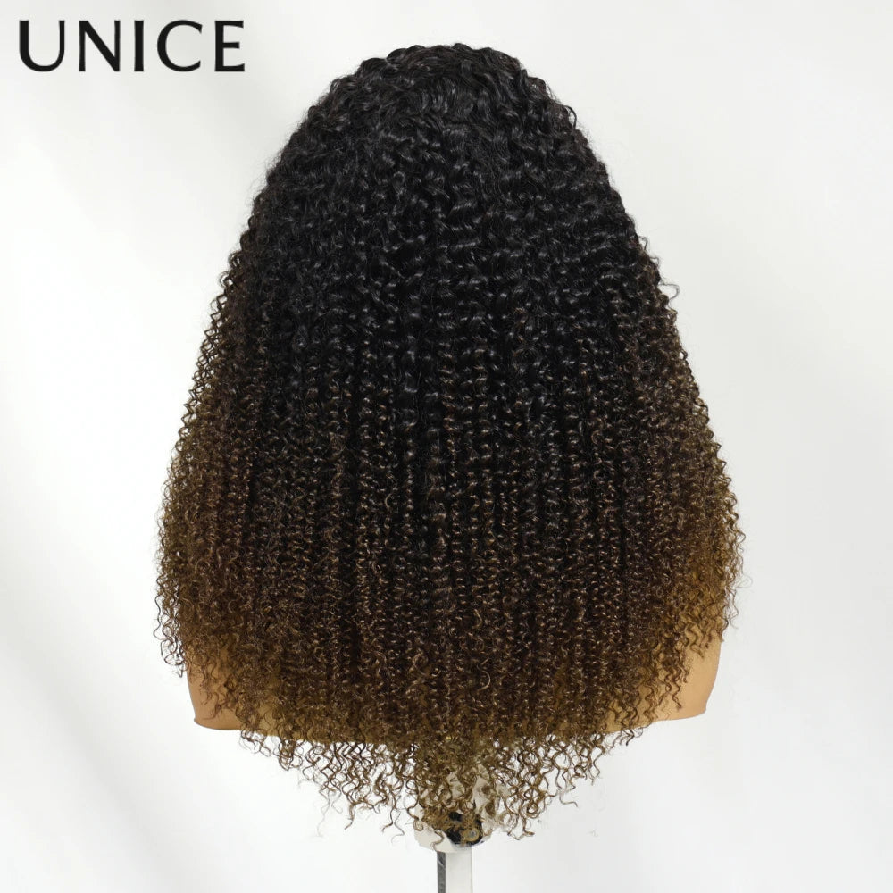 UNice Hair Chestnut Brown Ombre Kinky Curly Half Wigs With 4C Edges & Invisi Drawstring 100% Human Hair Glueless Flip Over Wig