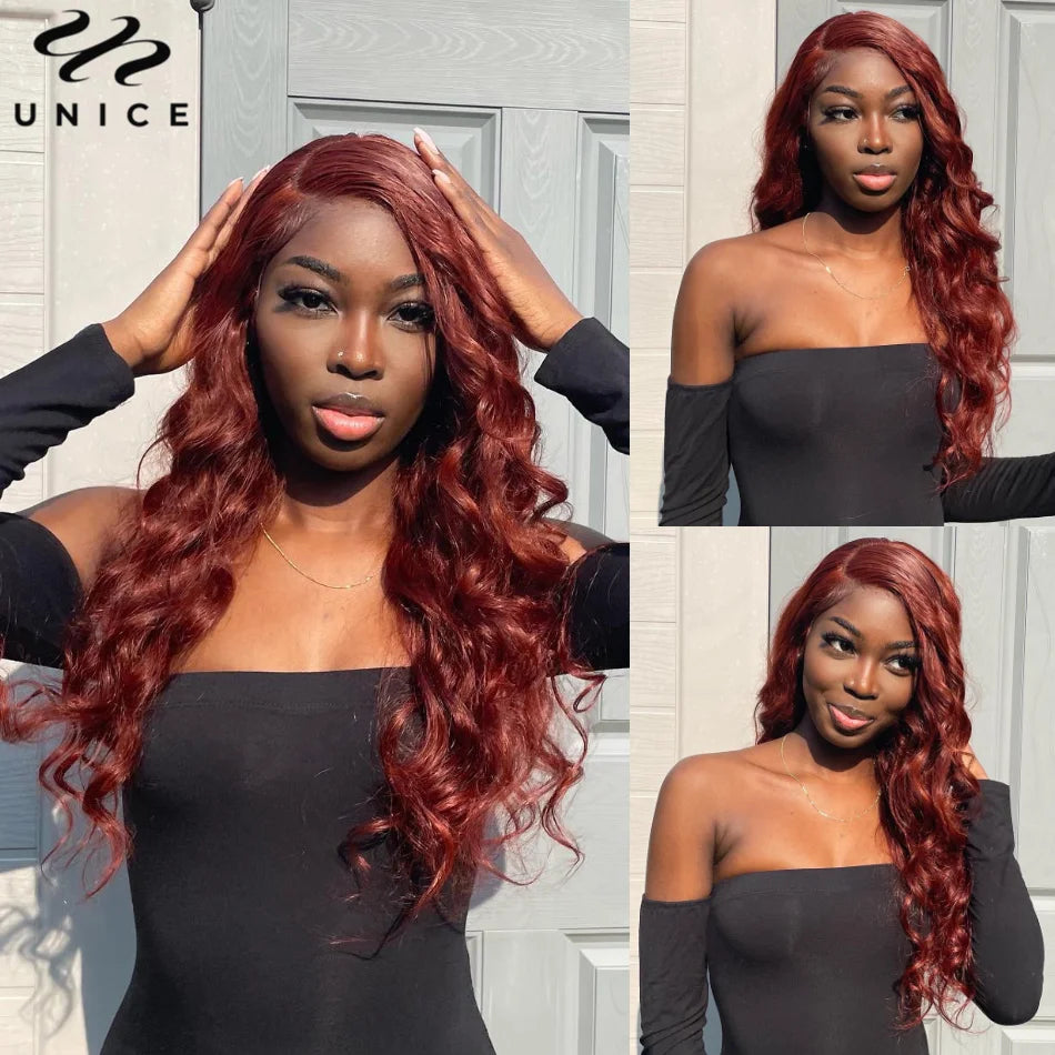 UNice Hair Pre Cut Pre Bleached 7x5 Glueless Wig Human Hair Reddish Brown Color Body Wave Lace Front Human Hair Wig 150% Density
