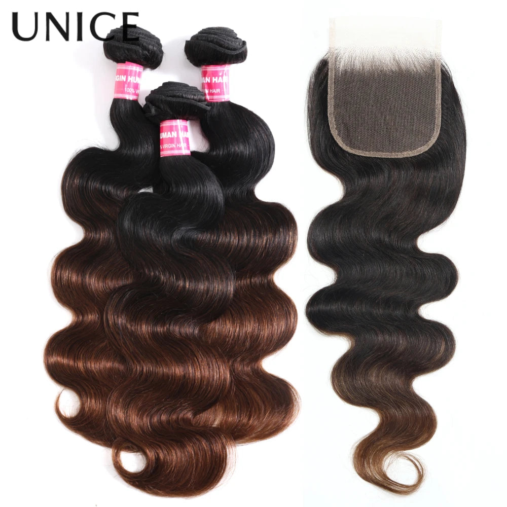 UNICE Hair Chestnut Brown Body Wave Human Hair Bundles With Closure 2/3/4 PCS Hair Bundles With 4x4 Lace Closure