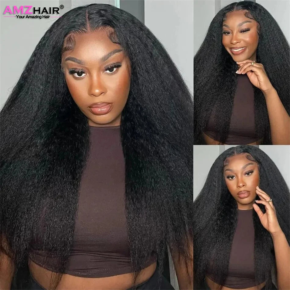 Kinky Straight 13x4 Lace Front Wig Pre Plucked Yaki Brazilian 4x4 Transparent Lace Closure Human Hair Wig With Natural Hairline
