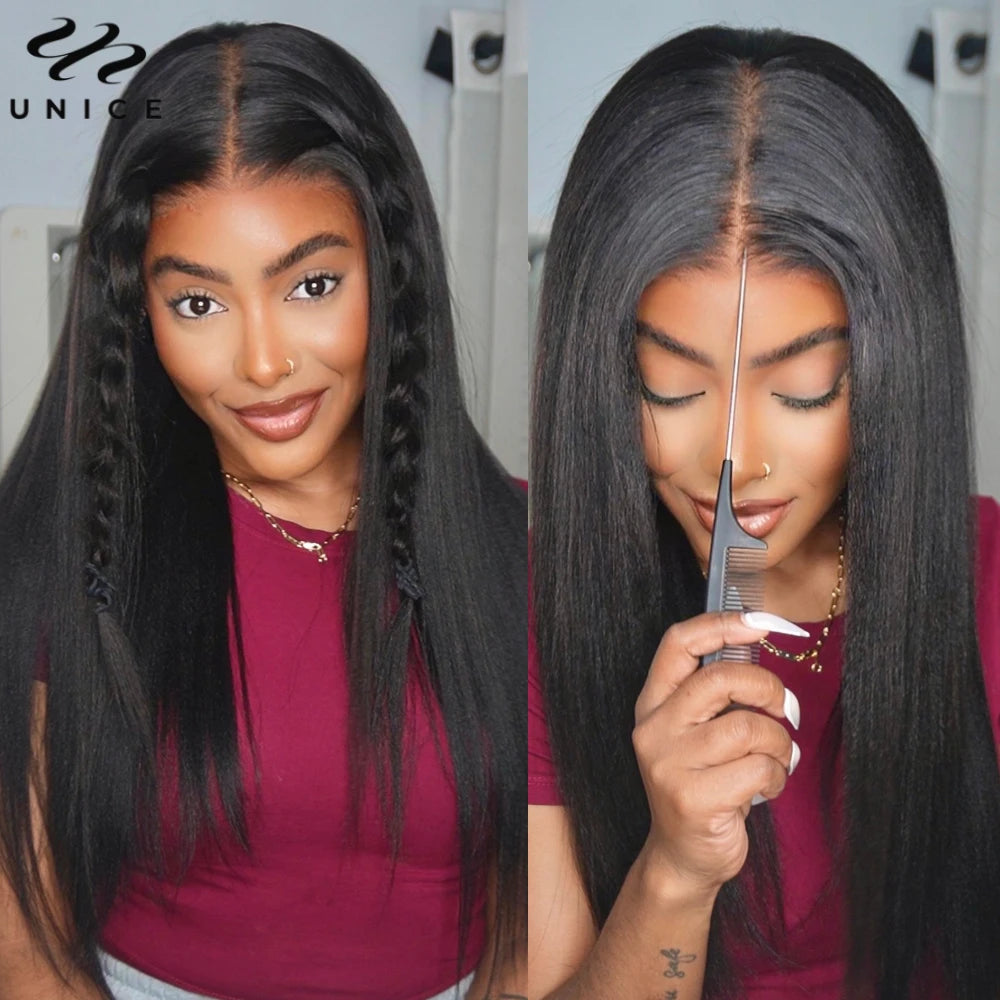 UNice Hair Natural Color Yaki Straight Human Hair Wig Pre Cut Pre Bleached 7x5 Lace Glueless Wig & V Part Wig 150% Density