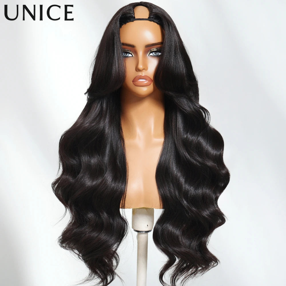UNice Chestnut Brown Yaki Wavy V Part Wig 100% Human Hair V Shape Upgrade U Part Wig No Sew In Clip In Half Wig Easy Blend