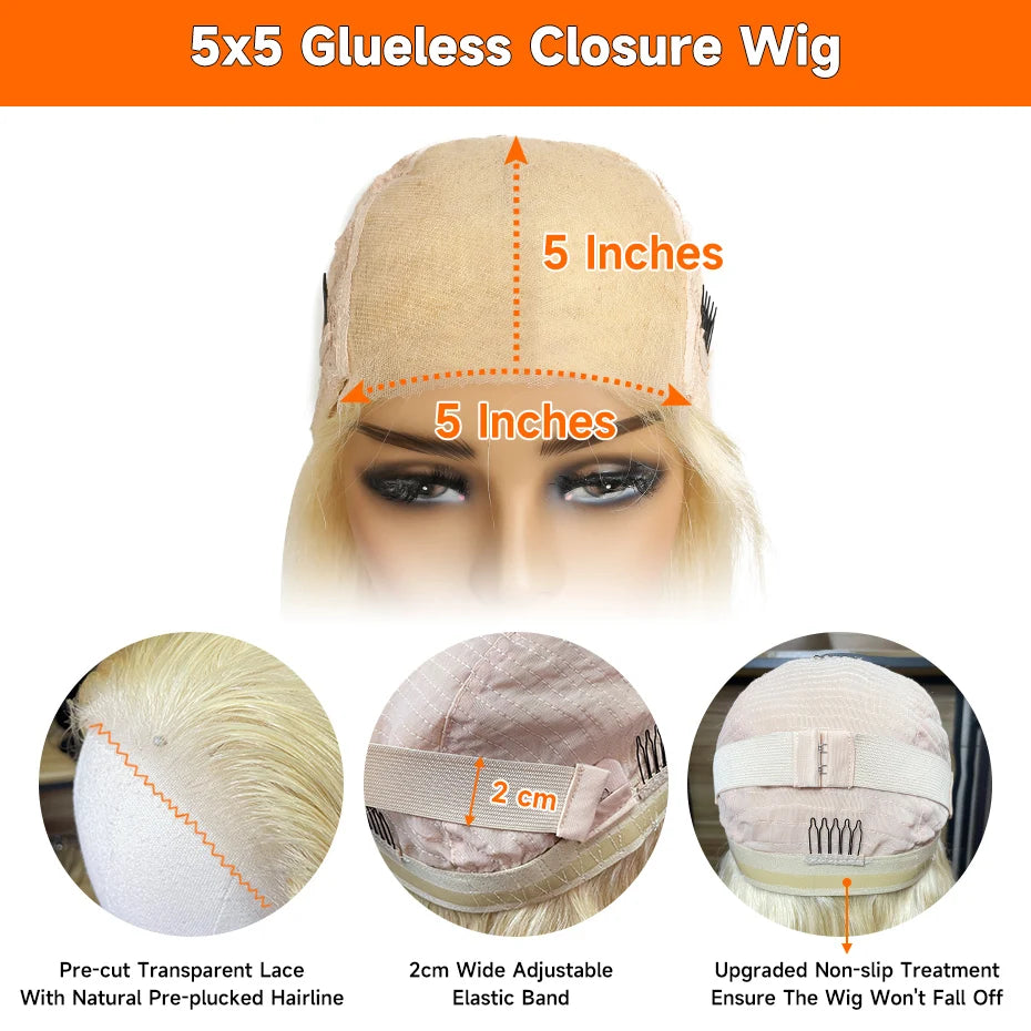 613 Glueless Wigs Human Hair 5x5 Lace Closure Wig Remy Straight Blonde Pre Plucked Glueless Wig 100% Human Hair Wigs Ready To Go