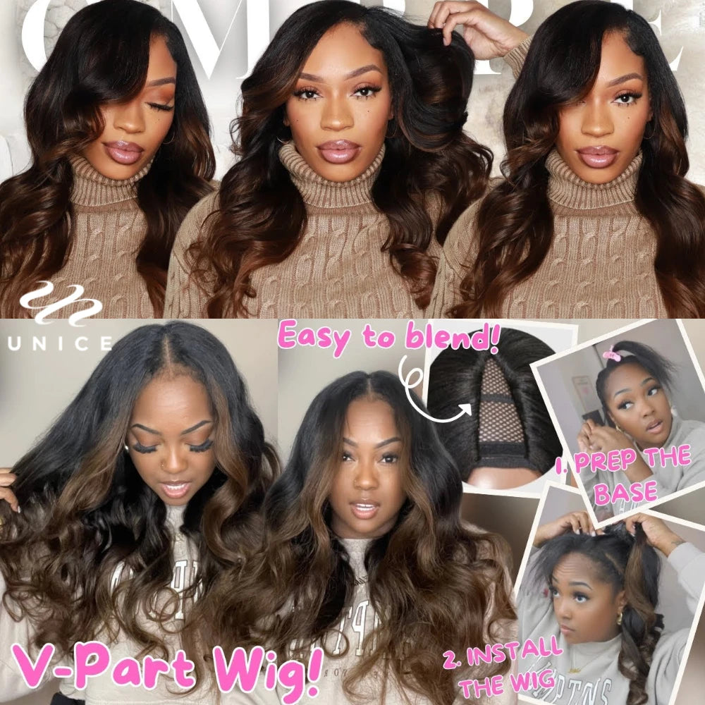 UNICE Hair EasiContour Drawstring V Part Wig Chestnut Brown Ombre Human Hair Body Wave Wig Mini Leave-out VPart Wig 150% Density