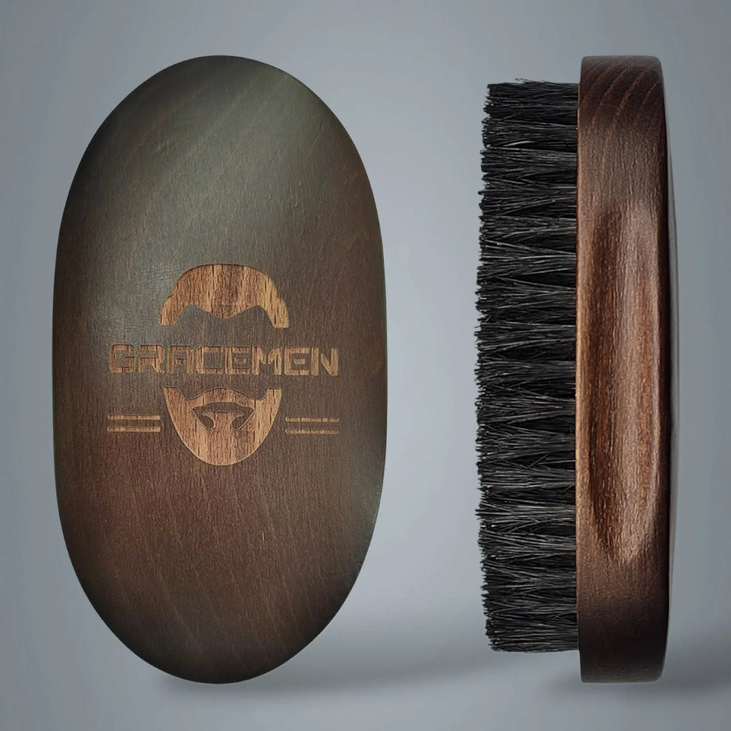 Gracemen Premium Dark Retro Beard Brush Oval Facial Brush for Men - 100 % Boar Bristle and Old-Styled Wooden Handle Hair Comb