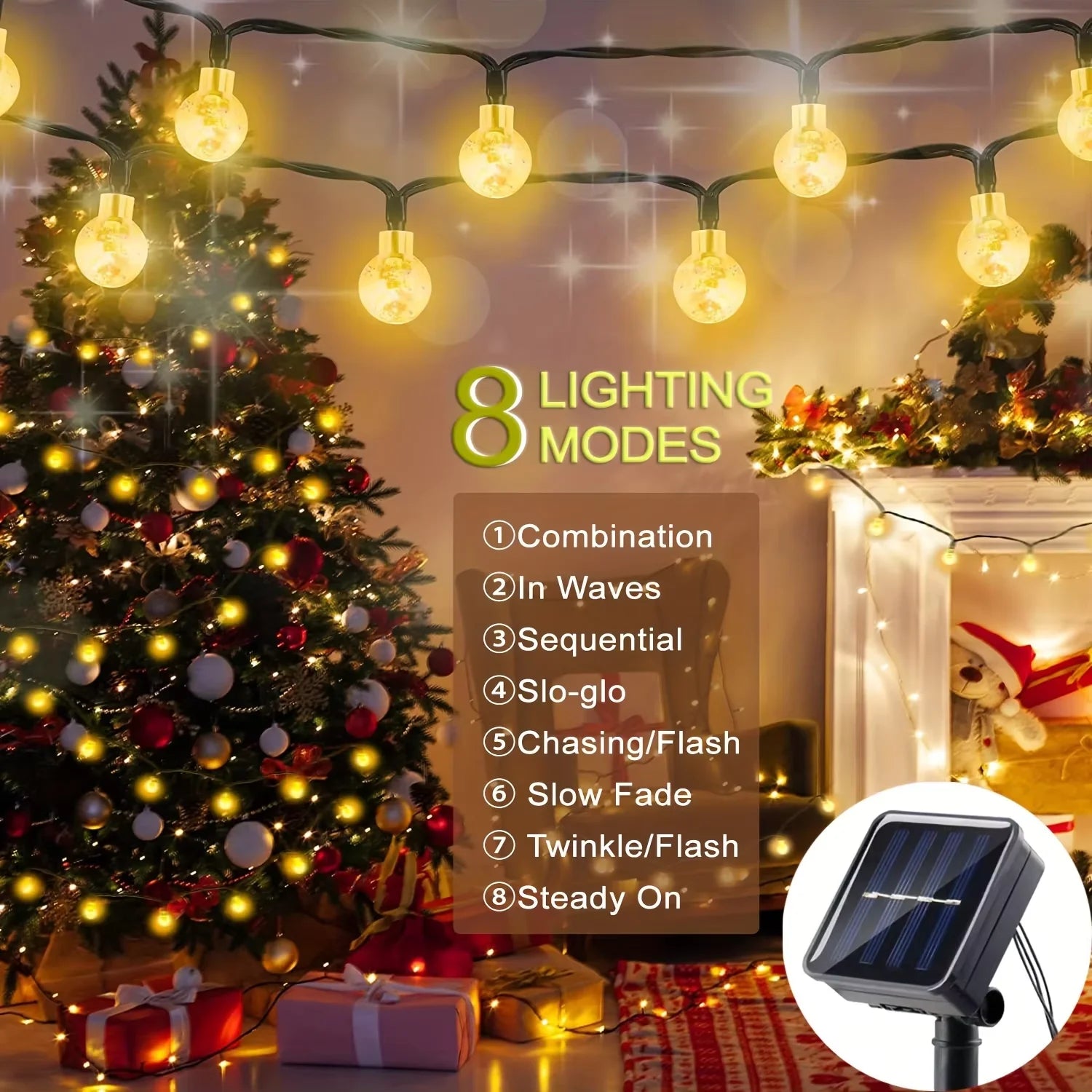 Solar Outdoor Crystal Ball Light String,100/200LEDs 8 Modes Waterproof Solar Fairy Lamp for Garden Courtyard Party Decoration