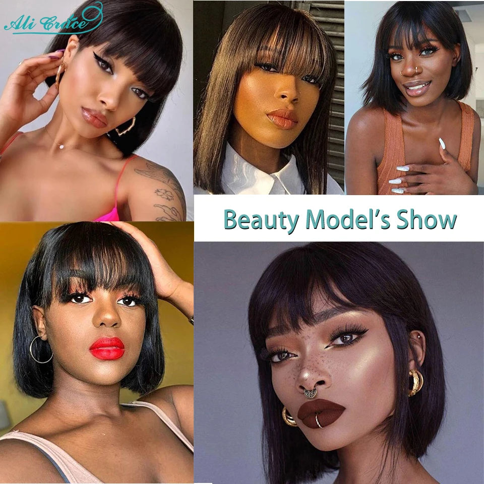 Ali Grace Brazilian Straight Bob Wig With Bangs Machine Made Wig Natural Color Human Hair Wigs Short Bob Fringe Wigs For Women